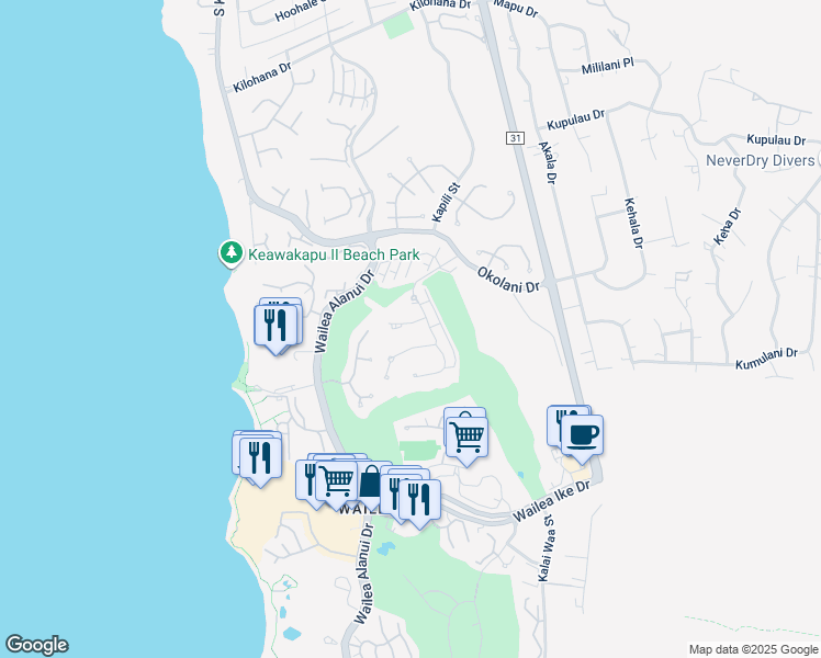 map of restaurants, bars, coffee shops, grocery stores, and more near 37 Kainehe Place in Kihei