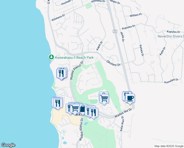 map of restaurants, bars, coffee shops, grocery stores, and more near 29 Kainehe Place in Kihei
