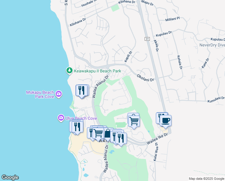 map of restaurants, bars, coffee shops, grocery stores, and more near 83 Kainehe Place in Kihei