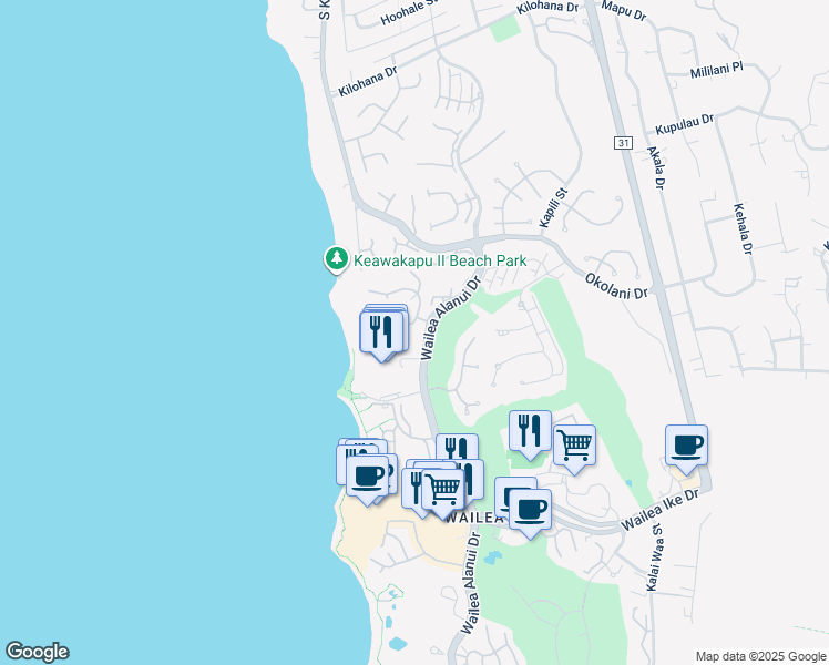 map of restaurants, bars, coffee shops, grocery stores, and more near 15 Malukai Lane in Kihei