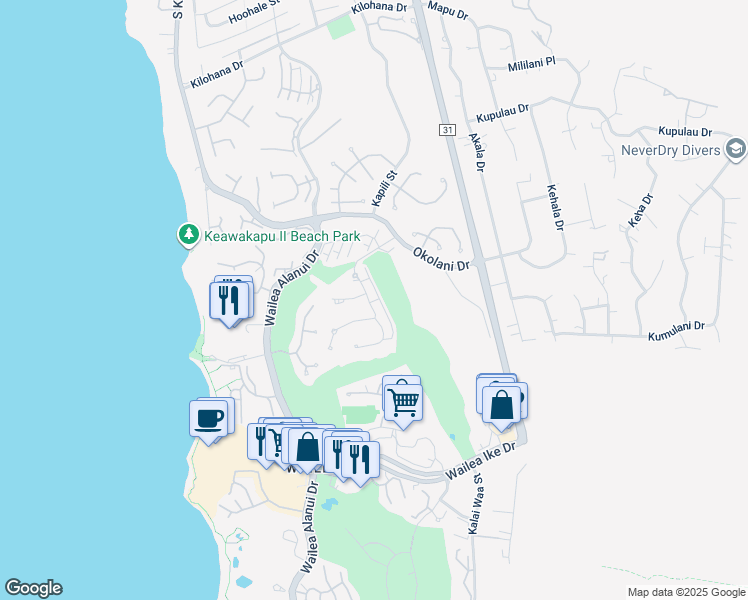 map of restaurants, bars, coffee shops, grocery stores, and more near 72 Kainui Loop in Kihei