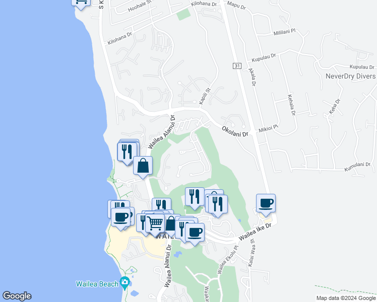 map of restaurants, bars, coffee shops, grocery stores, and more near 30 Kainehe Place in Kihei