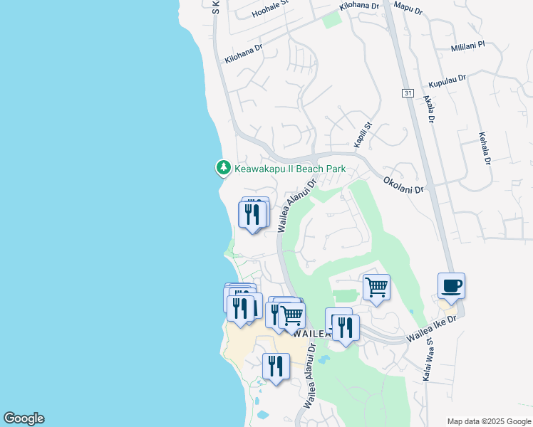 map of restaurants, bars, coffee shops, grocery stores, and more near 19 Malukai Lane in Kihei