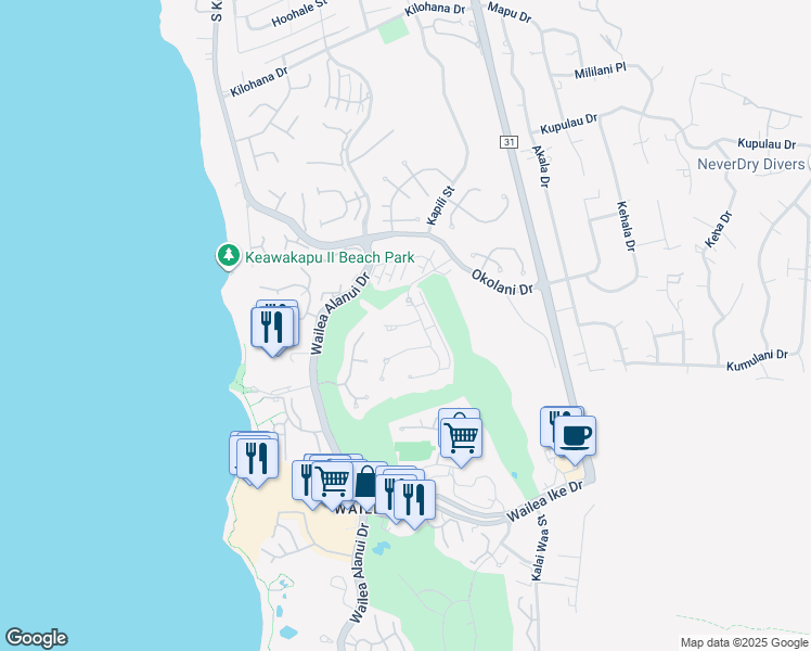 map of restaurants, bars, coffee shops, grocery stores, and more near 80 Kainehe Place in Kihei