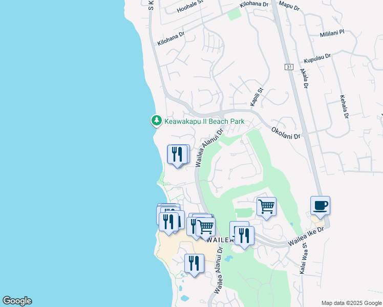 map of restaurants, bars, coffee shops, grocery stores, and more near 15 Malukai Lane in Kihei