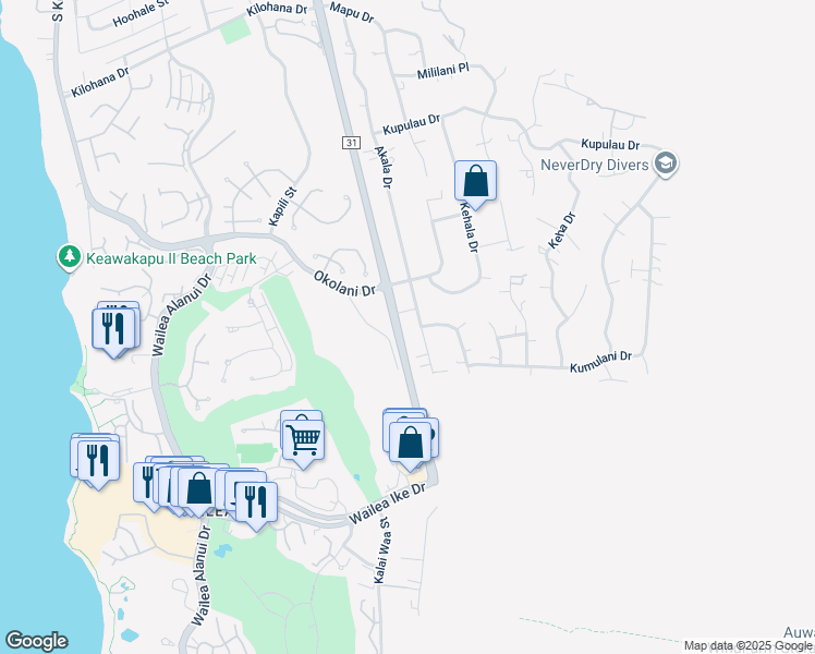 map of restaurants, bars, coffee shops, grocery stores, and more near 3476 Akala Drive in Kihei