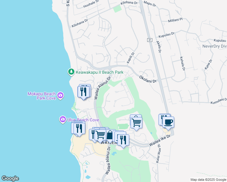 map of restaurants, bars, coffee shops, grocery stores, and more near 92 Kainehe Place in Kihei