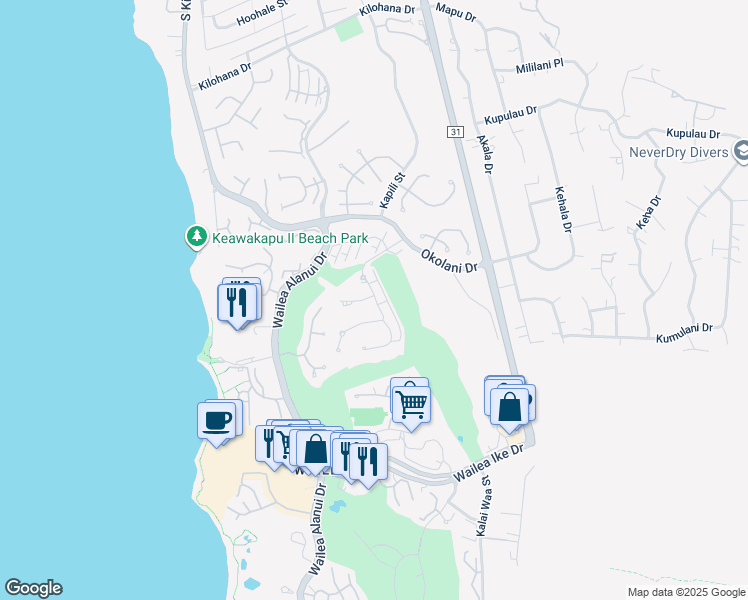 map of restaurants, bars, coffee shops, grocery stores, and more near 210 Kai Malu Drive in Kihei