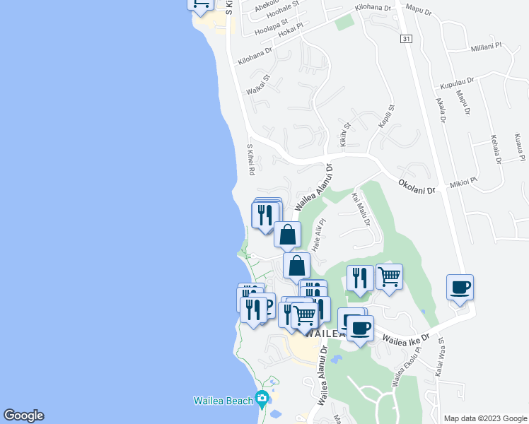 map of restaurants, bars, coffee shops, grocery stores, and more near 16 Malukai Lane in Kihei