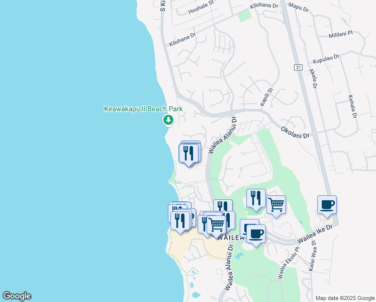 map of restaurants, bars, coffee shops, grocery stores, and more near 47 Malukai Lane in Kihei