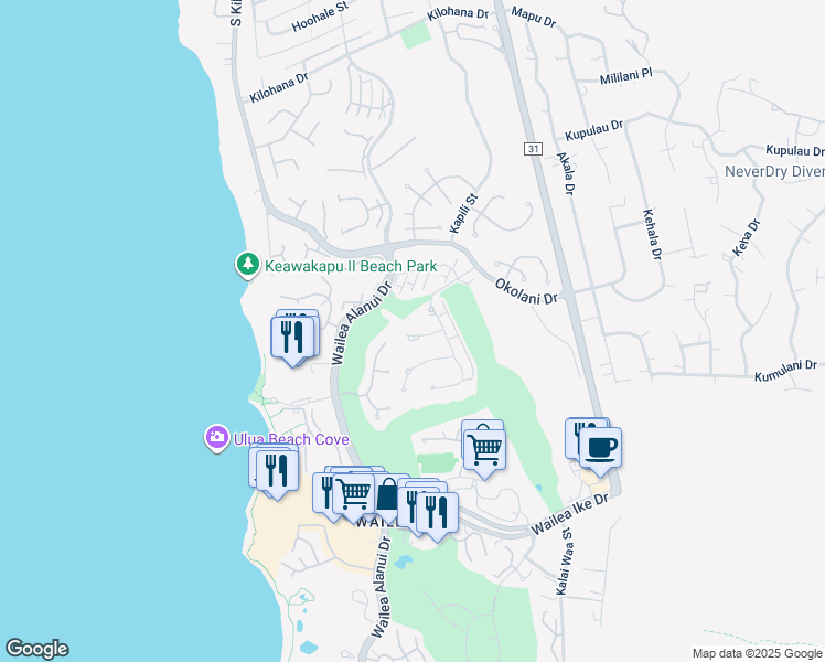map of restaurants, bars, coffee shops, grocery stores, and more near 92 Kainehe Place in Kihei