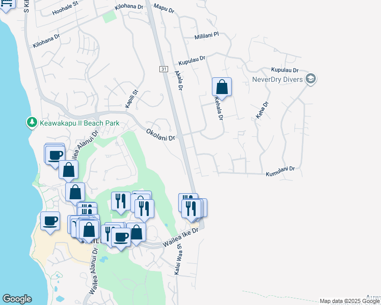 map of restaurants, bars, coffee shops, grocery stores, and more near 3476 Akala Drive in Kihei