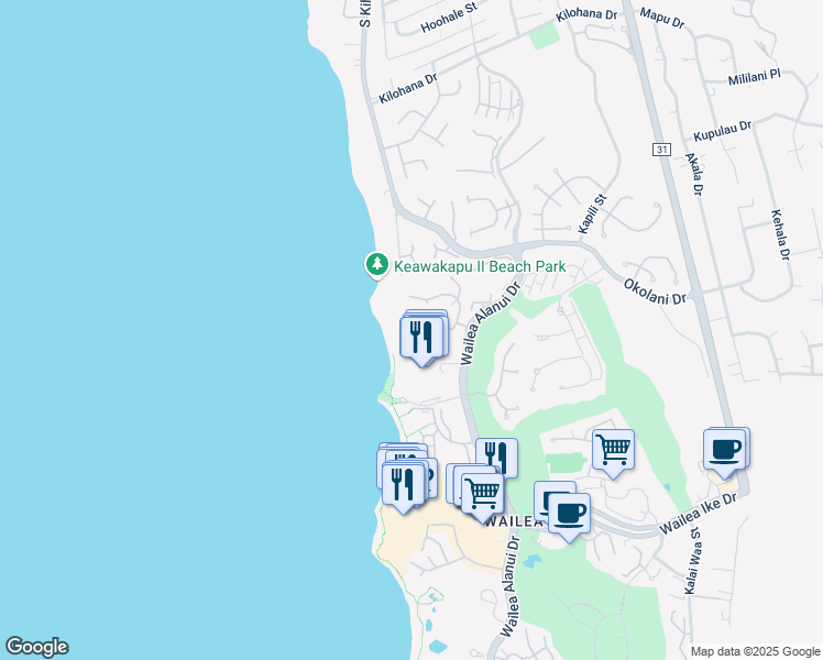 map of restaurants, bars, coffee shops, grocery stores, and more near 15 Malukai Lane in Kihei