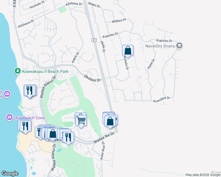 map of restaurants, bars, coffee shops, grocery stores, and more near 3476 Akala Drive in Kihei
