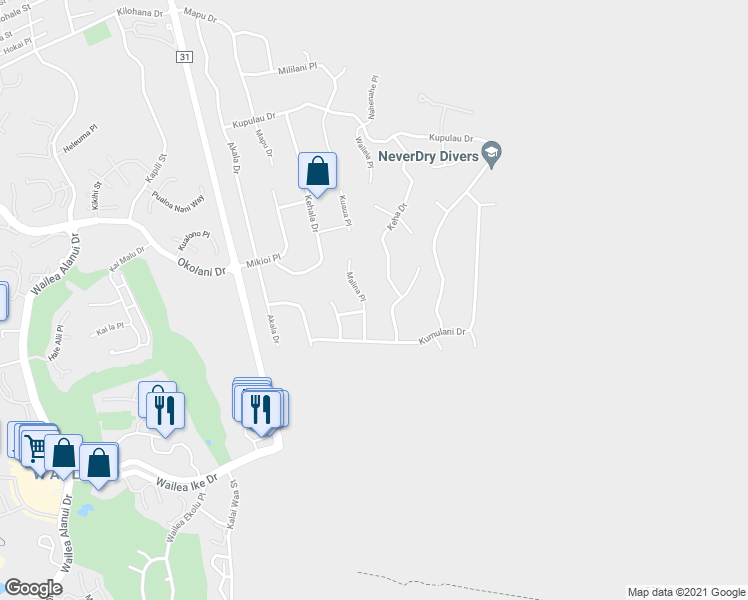 map of restaurants, bars, coffee shops, grocery stores, and more near 3515 Malina Pl in Kihei