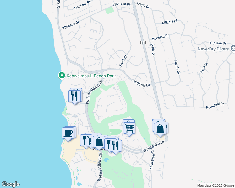 map of restaurants, bars, coffee shops, grocery stores, and more near 2 Kainehe Place in Kihei