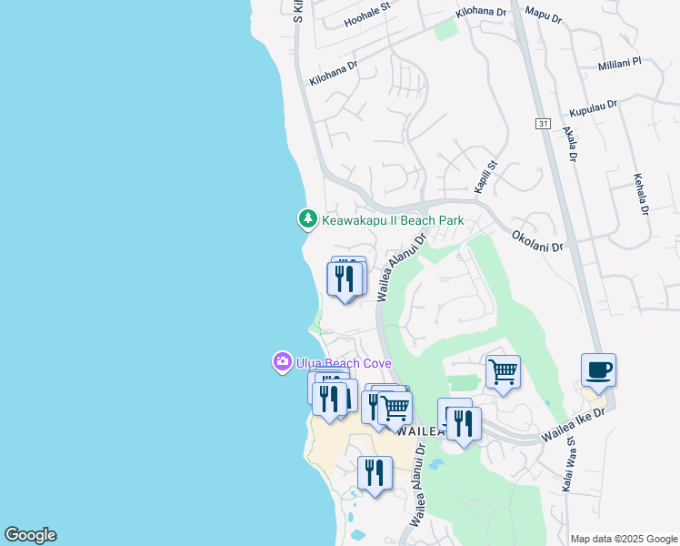 map of restaurants, bars, coffee shops, grocery stores, and more near 16 Malukai Lane in Kihei