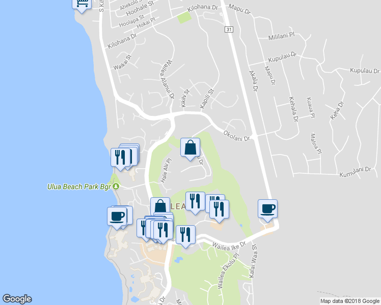 map of restaurants, bars, coffee shops, grocery stores, and more near 30 Kainehe Place in Kihei