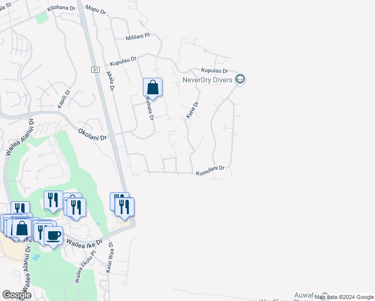 map of restaurants, bars, coffee shops, grocery stores, and more near 3450 Keha Drive in Kihei