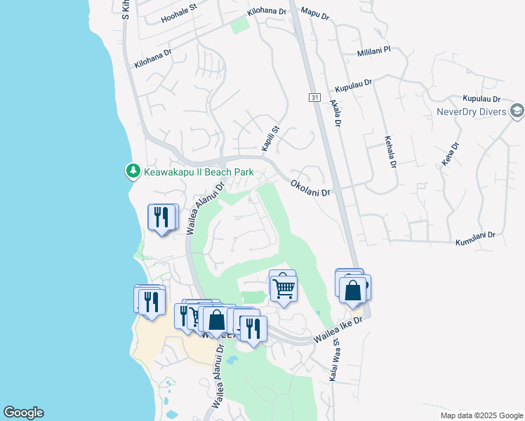 map of restaurants, bars, coffee shops, grocery stores, and more near 70 Kainui Loop in Kihei