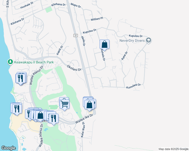 map of restaurants, bars, coffee shops, grocery stores, and more near 443 Hoala Drive in Kihei