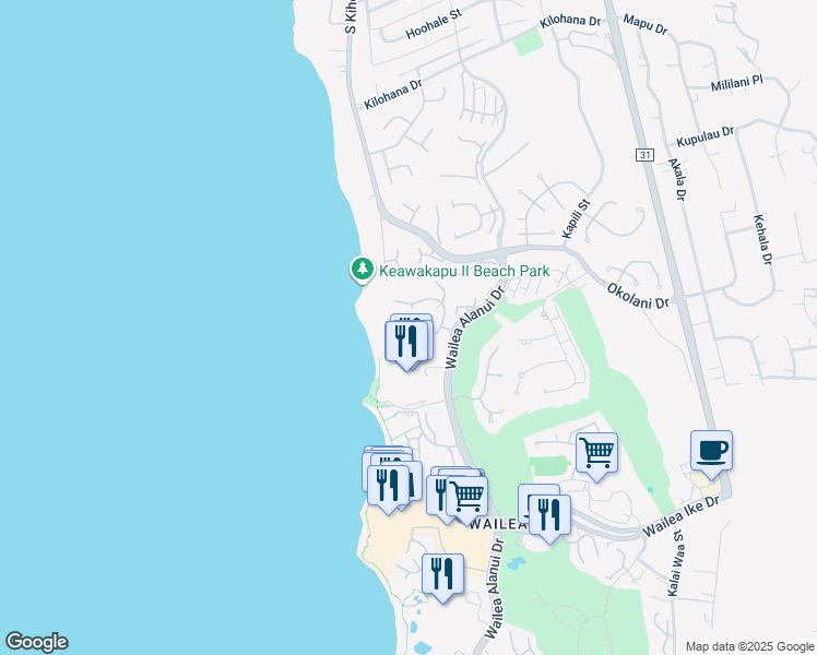 map of restaurants, bars, coffee shops, grocery stores, and more near 11 Malukai Lane in Kihei