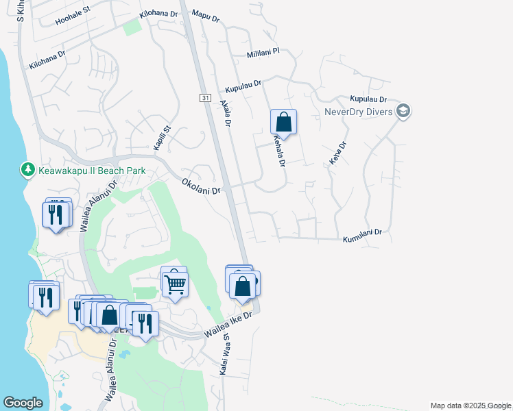 map of restaurants, bars, coffee shops, grocery stores, and more near 443 Hoala Drive in Kihei