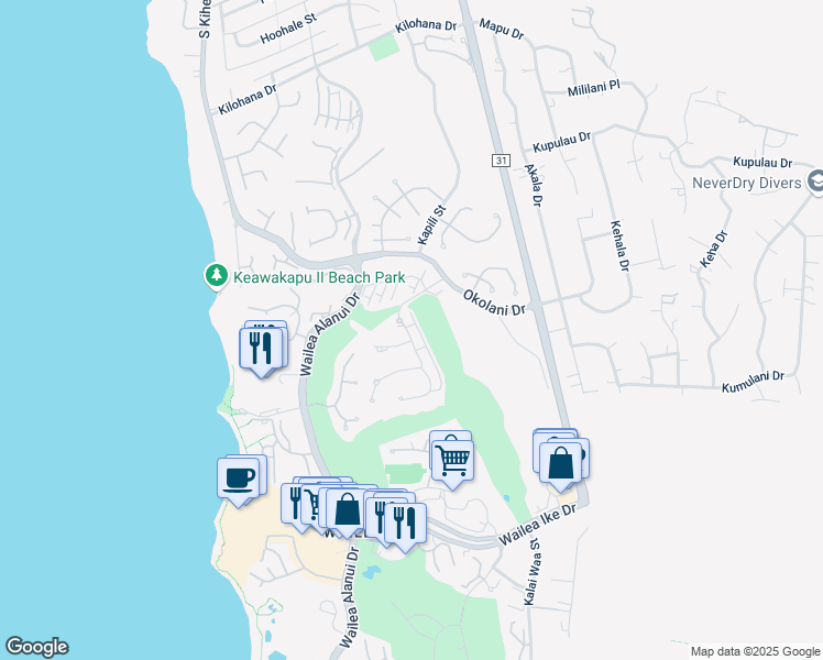 map of restaurants, bars, coffee shops, grocery stores, and more near 30 Kainehe Place in Kihei