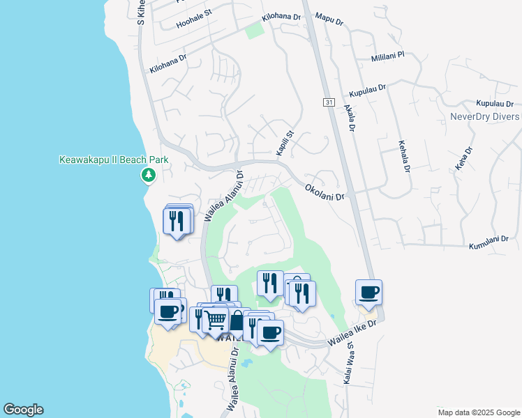map of restaurants, bars, coffee shops, grocery stores, and more near 160 Kai Malu Drive in Kihei
