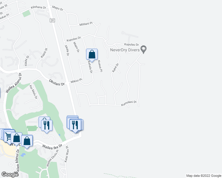 map of restaurants, bars, coffee shops, grocery stores, and more near 3442 Keha Drive in Kihei