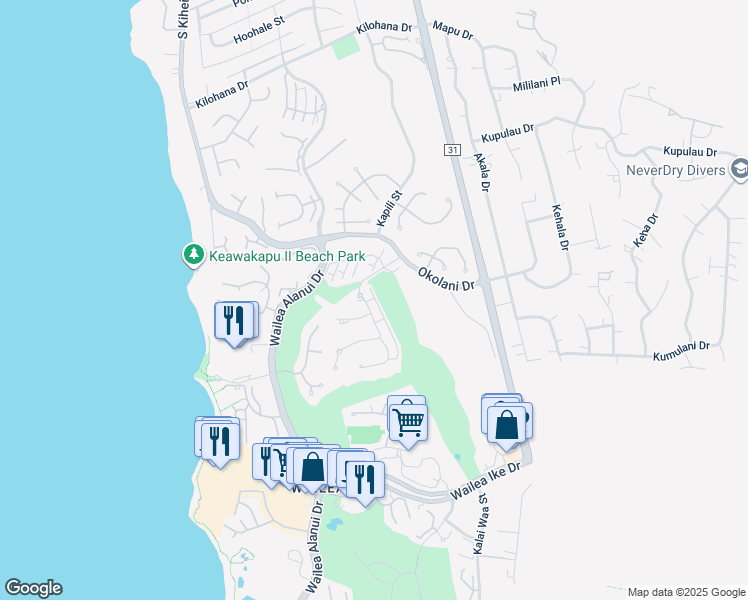 map of restaurants, bars, coffee shops, grocery stores, and more near 36 Kainui Loop in Kihei