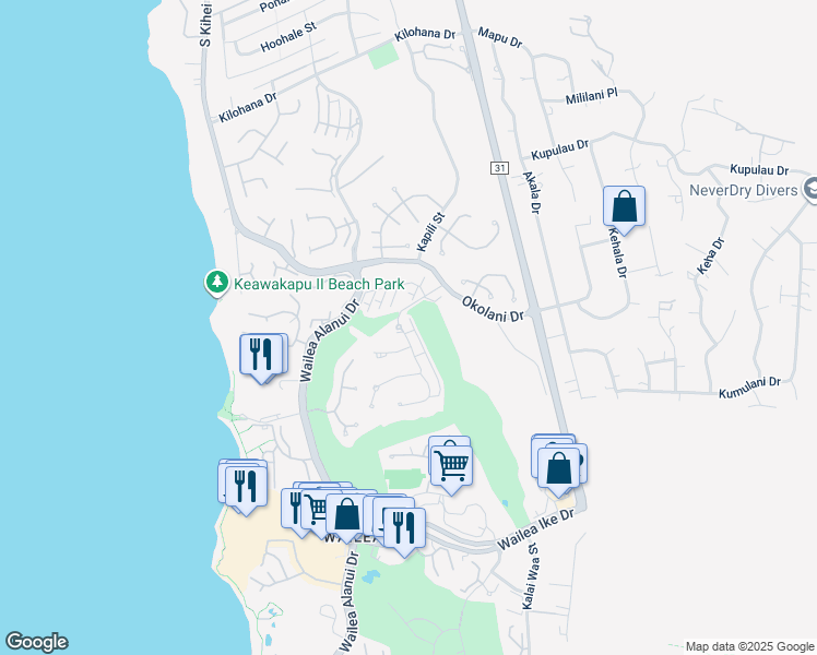 map of restaurants, bars, coffee shops, grocery stores, and more near 20 Kainui Loop in Kihei