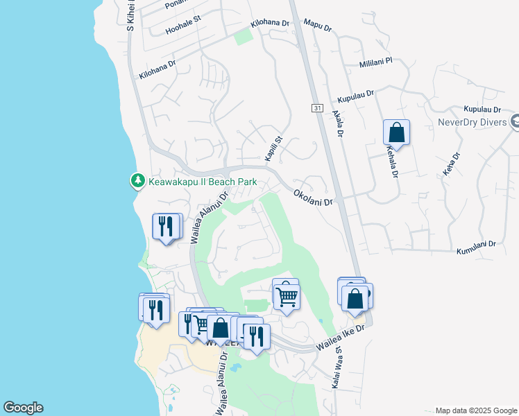 map of restaurants, bars, coffee shops, grocery stores, and more near 14 Kainui Loop in Kihei