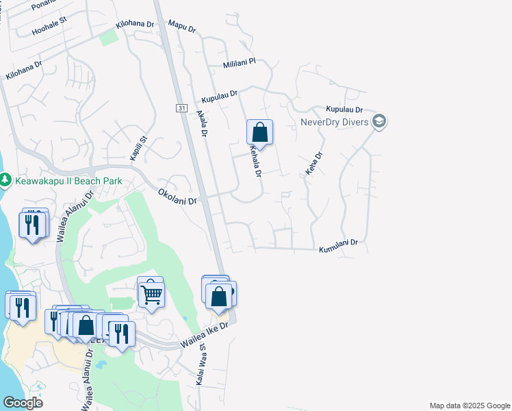 map of restaurants, bars, coffee shops, grocery stores, and more near 3463 Kehala Drive in Kihei