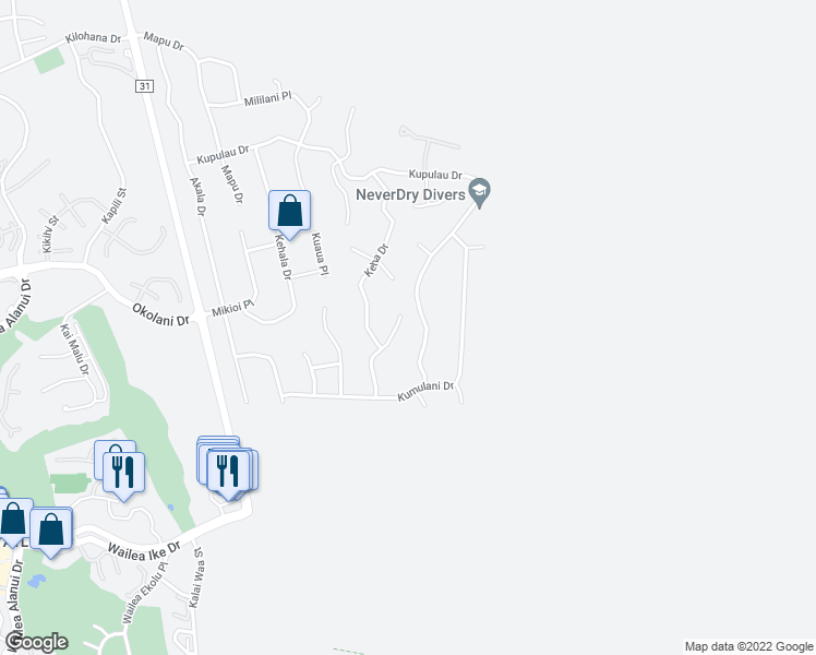 map of restaurants, bars, coffee shops, grocery stores, and more near 3417 Hookipa Place in Kihei