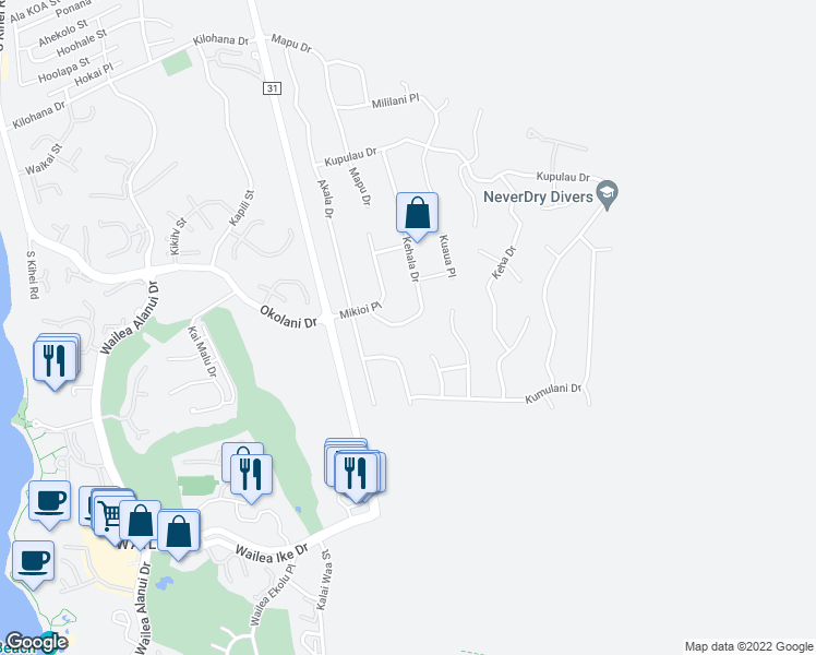 map of restaurants, bars, coffee shops, grocery stores, and more near 3463 Kehala Drive in Kihei