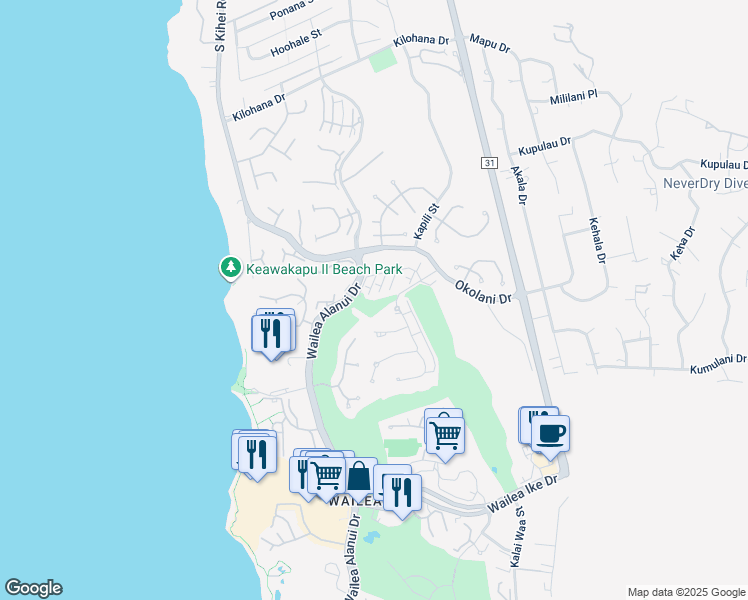 map of restaurants, bars, coffee shops, grocery stores, and more near 66 Kai Malu Drive in Kihei