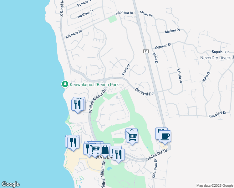 map of restaurants, bars, coffee shops, grocery stores, and more near 60 Kai Malu Drive in Kihei