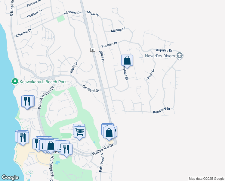 map of restaurants, bars, coffee shops, grocery stores, and more near 440 Mikioi Place in Kihei