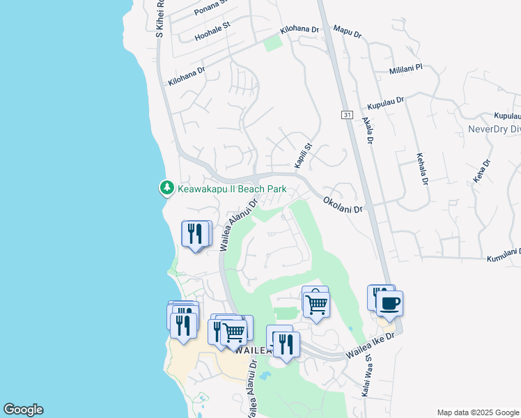 map of restaurants, bars, coffee shops, grocery stores, and more near 82 Kai Malu Drive in Kihei