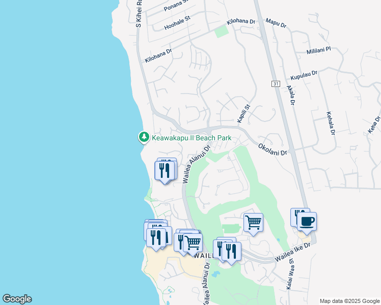 map of restaurants, bars, coffee shops, grocery stores, and more near 3300 Wailea Alanui Drive in Kihei