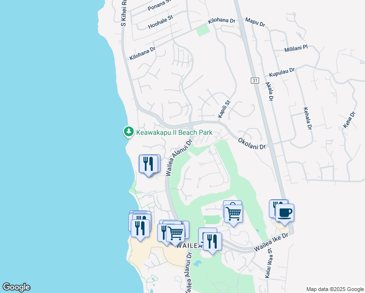 map of restaurants, bars, coffee shops, grocery stores, and more near 3300 Wailea Alanui Drive in Kihei