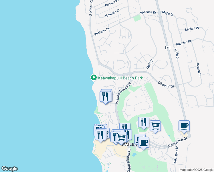 map of restaurants, bars, coffee shops, grocery stores, and more near 3300 Wailea Alanui Drive in Kihei