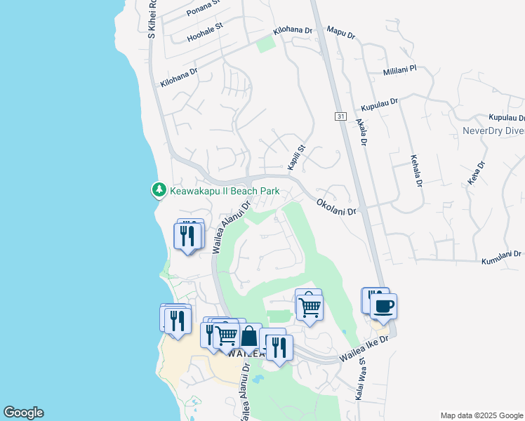 map of restaurants, bars, coffee shops, grocery stores, and more near 66 Kai Malu Drive in Kihei