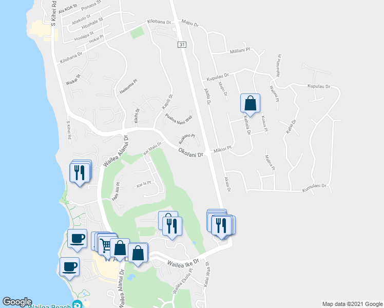 map of restaurants, bars, coffee shops, grocery stores, and more near 3390 East Lani Ikena Way in Kihei