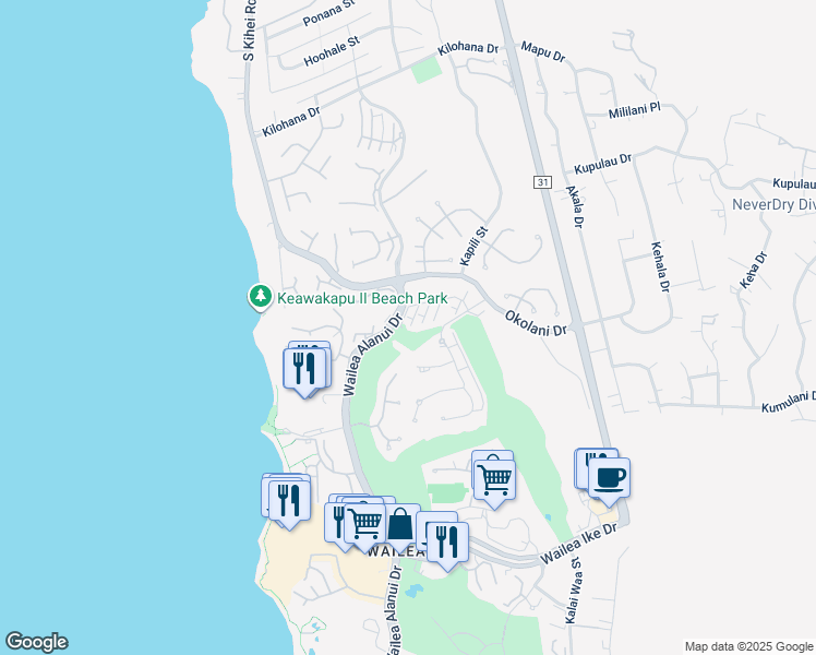 map of restaurants, bars, coffee shops, grocery stores, and more near 82 Kai Malu Drive in Kihei