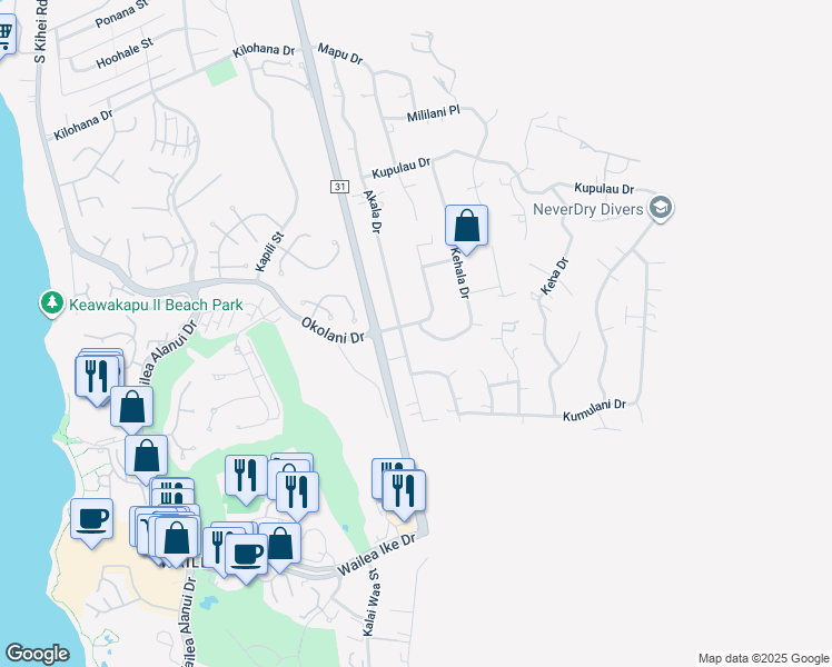 map of restaurants, bars, coffee shops, grocery stores, and more near 440 Mikioi Place in Kihei