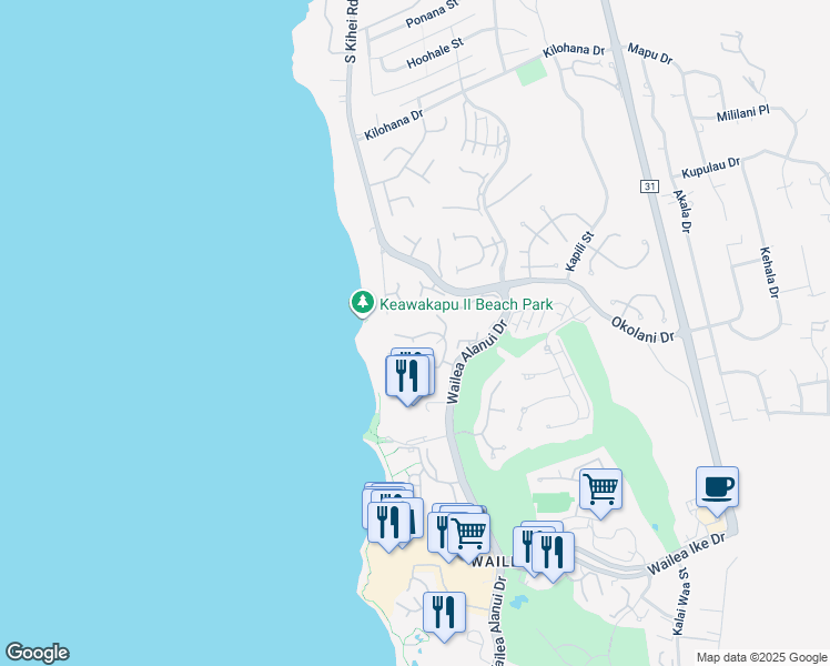 map of restaurants, bars, coffee shops, grocery stores, and more near 3300 Wailea Alanui Drive in Kihei