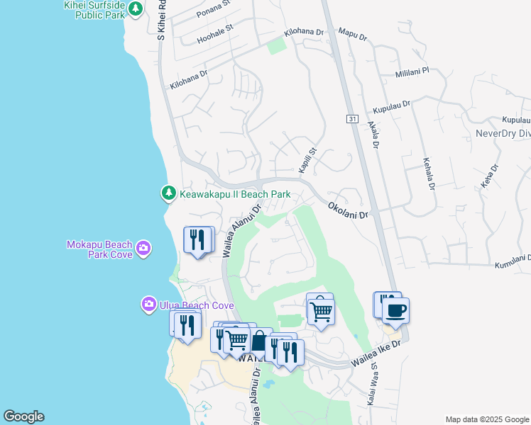map of restaurants, bars, coffee shops, grocery stores, and more near 82 Kai Malu Drive in Kihei