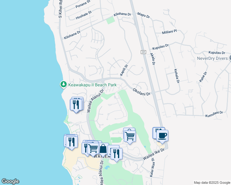 map of restaurants, bars, coffee shops, grocery stores, and more near 52 Kai Malu Drive in Kihei